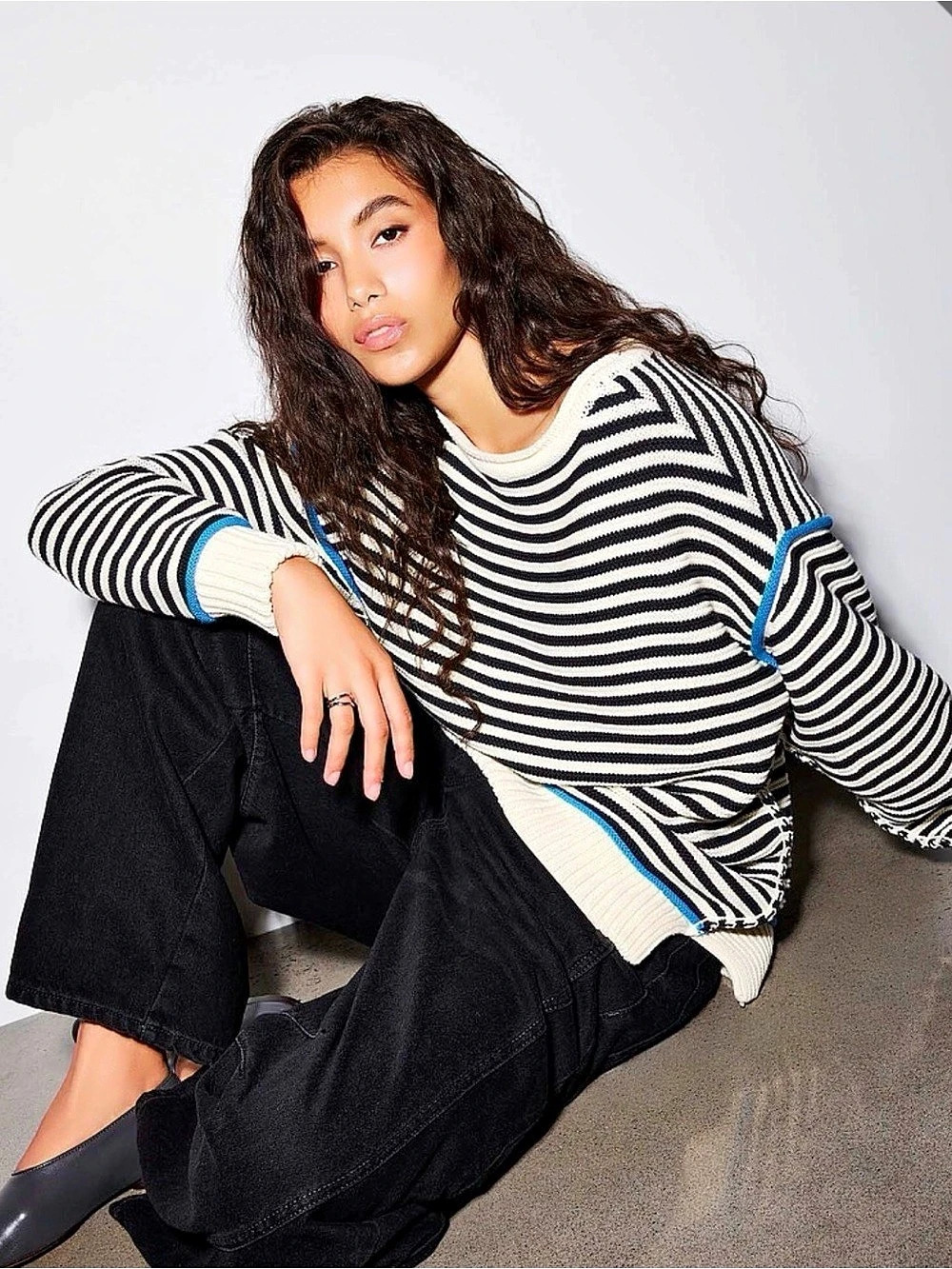 Free People We The Free Asher striped crewneck sweater, black & white, Xs, nwt